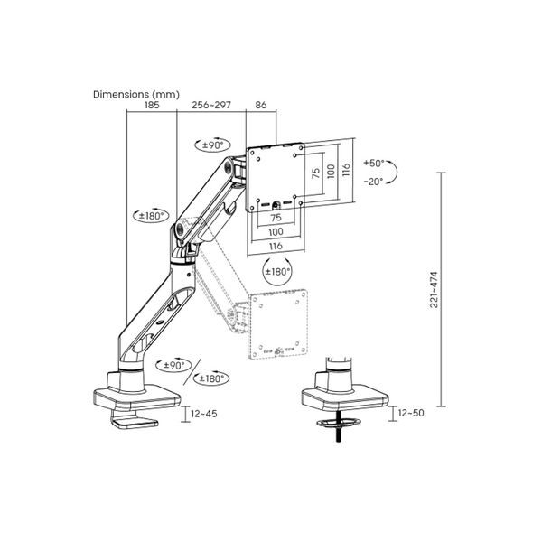 Brateck LDT81-C012 Gas Spring Monitor Arm, Polished Aluminium for 1 monitor, Clamp/Grommet, 17"-49", Tilt Range +50° ~ -20°; Swivel Range +90° ~ -90°; Screeen Rotation 360°, VESA: 75x75, 100x100, Arm Extend: 482mm, Weight Capacity per screen up to 20 Kg 32028 фото