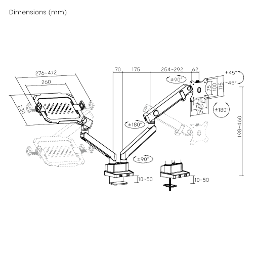 Brateck LDT84-C024ML Mechanical Spring Monitor Arm with Laptop Tray, Clamp/Grommet, 17"-35", Tilt Range +45° ~ -45°; Swivel Range +90° ~ -90°; Screeen Rotation 360°, VESA: 75x75, 100x100, Arm Extend: 467mm, Weight Capacity per screen up to 12 Kg 32035 фото