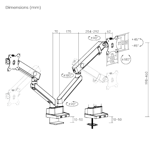 Brateck LDT84-C024 Dual Screen Mechanical Spring Monitor Arm for 2 monitors, Clamp/Grommet, 17"-35", Tilt Range +45° ~ -45°; Swivel Range +90° ~ -90°; Screeen Rotation 360°, VESA: 75x75, 100x100, Arm Extend: 467mm, Weight Capacity per screen up to 12 Kg 32036 фото