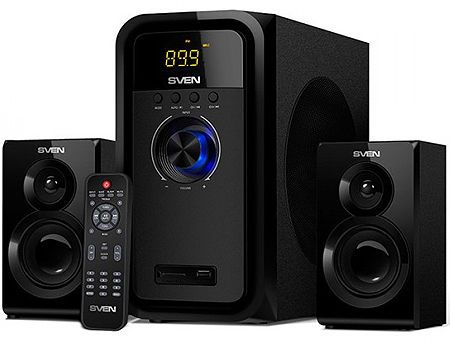 Active Speakers SVEN MS-2051 Black, mini music system: LED display, remote, Bluetooth, FM Tuner, USB port, SD slot ( 2.1 surround, RMS 55W, 30W subwoofer, 2x12.5W Satellites ) 24114 фото