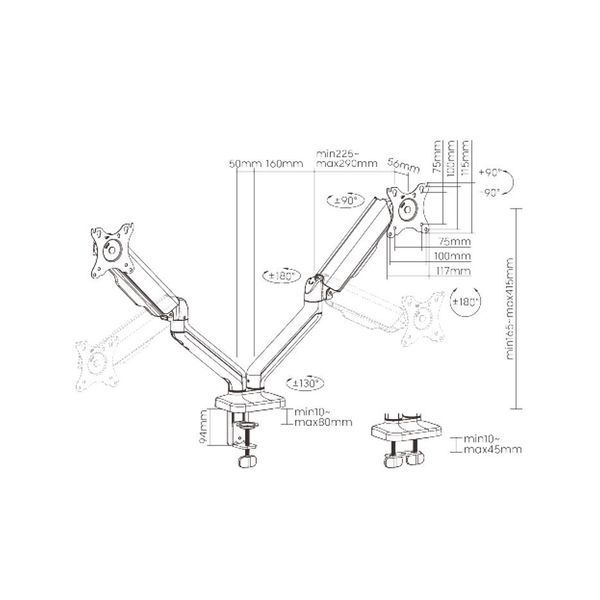 Крепление мониторов Brateck LDT46-C024 Spring-Assisted Dual Monitor Arm, for 2 monitors, Clamp-on, 17"-32", Tilt Range +90&deg; ~ -90&deg;; Swivel Range +90&deg; ~ -90&deg;; Screeen Rotation 360&deg;, VESA: 75x75, 100x100, Arm Extend: 450mm  30916 DOXYTERRA.md фото