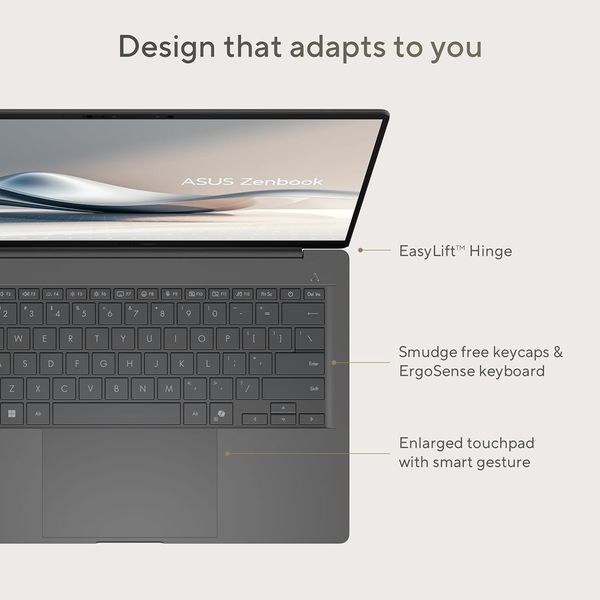 Laptop ASUS 14.0 Zenbook A14 OLED UX3407QA Zabriskie Beige, Qualcomm Snapdragon X X1-26-100, 16Gb, 512Gb, 14.0 OLED WUXGA (1920x1200) Glare, Qualcomm Adreno, HDMI, 802.11be, Bluetooth, USB4, USB-A, IR FHD Web, Win11 Home, Illum Keyb, UX3407QA-QD197W 239993 DOXYTERRA.md foto