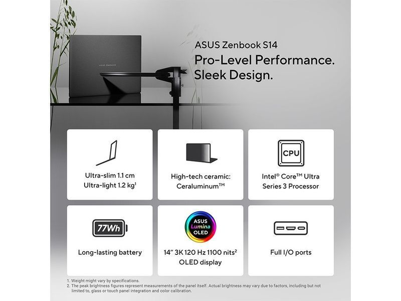 Laptop ASUS 14.0 Zenbook S 14 UX5406AA Antrim Gray, Intel Core Ultra 9 386H, 32Gb, 1Tb, 14.0 OLED 3K (2880x1800) 120Hz Glare, Intel Graphics, HDMI, 802.11be, TB4, USB-A, IR FHD Web, Win11 Home, Illum Keyb, UX5406AA-SW046W 256630 DOXYTERRA.md фото
