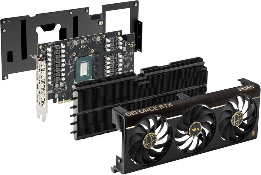 Видеокарта ASUS RTX5080 16GB GDDR7 ProArt OC (PROART-RTX5080-O16G), GeForce RTX5080 16GB GDDR7, 256-bit, GPU/Mem speed 3000Ghz/28Gbps, Max resolution 7680x4320, DisplayPort, 2xDP 2.1, HDMI, HDMI 2.1, USB/Thunderbolt, USB-C, recommended PSU 850W 240581 DOXYTERRA.md фото