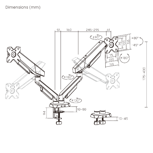 Крепление мониторов Brateck LDT114-C024 Armored Dual-Screen Mechanical Spring Gaming Monitor Arm for 2 monitors,Clamp/Grommet, 17"-35", Tilt Range +80&deg;~-45&deg;; Swivel Range +90&deg;~-90&deg;;Screeen Rotation 360&deg;, VESA:75x75,100x100, Arm Extend: 455mm 33394 DOXYTERRA.md фото