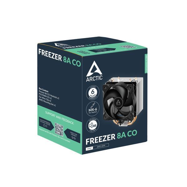 Кулер для процессора Arctic Freezer 8A CO, Socket AMD AM4, AM5, Copper Heat Pipe, FAN P10 PWM CO 100mm, 200-2300rpm PWM, MX-6 thermal paste, Dual Ball Bearing, ACFRE00162A 33264 DOXYTERRA.md фото