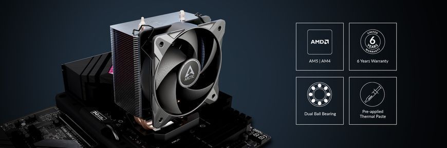 Кулер для процессора Arctic Freezer 8A CO, Socket AMD AM4, AM5, Copper Heat Pipe, FAN P10 PWM CO 100mm, 200-2300rpm PWM, MX-6 thermal paste, Dual Ball Bearing, ACFRE00162A 33264 DOXYTERRA.md фото