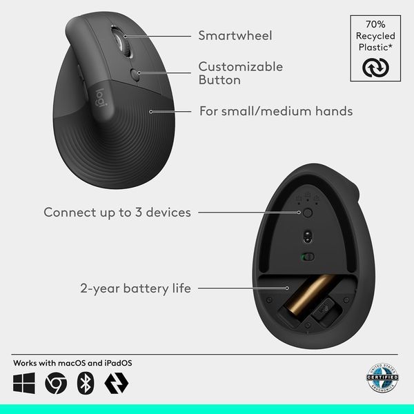 Logitech Lift Vertical Ergonomic Wireless Mouse for Business Graphite, 2.4GHz Wireless+Bluetooth, SmartWheel, 4000 DPI, Logi Bolt USB Receiver, 910-006494 33574 DOXYTERRA.md фото