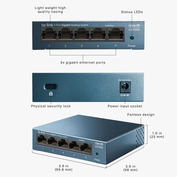 TP-LINK LS105G  5-port Gigabit Switch, 5 10/100/1000M RJ45 ports, steel case, LiteWave, Green Technology 32857 DOXYTERRA.md фото