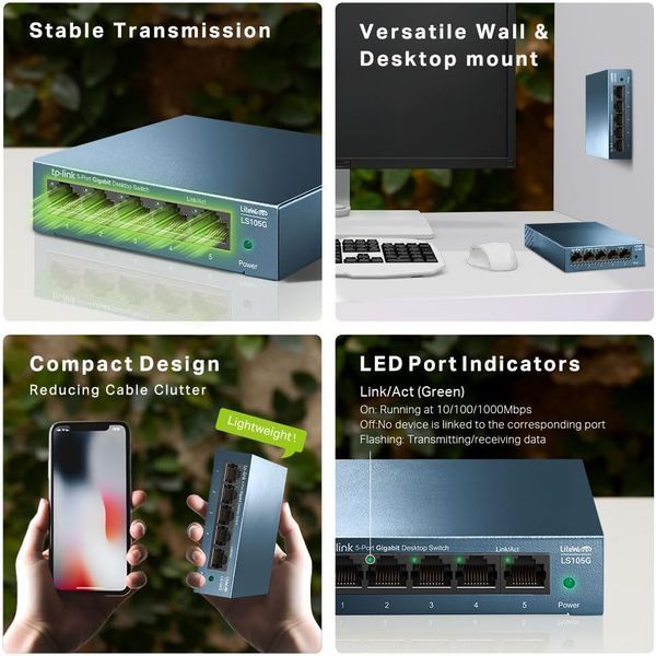 TP-LINK LS105G  5-port Gigabit Switch, 5 10/100/1000M RJ45 ports, steel case, LiteWave, Green Technology 32857 DOXYTERRA.md фото