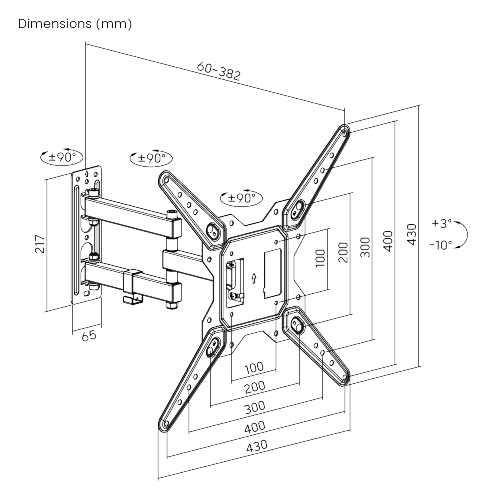 Крепление подвес настенный кронштейн для телевизора LCD/TV Full motion Wall Mount Brateck LPA68-443, Max VESA 400x400, Screen 23"-65" Load 30 Kg, Profile 60-382mm, Tilt +3&deg;~-10&deg;, Swivel +90&deg;~-90&deg;  33402 DOXYTERRA.md фото
