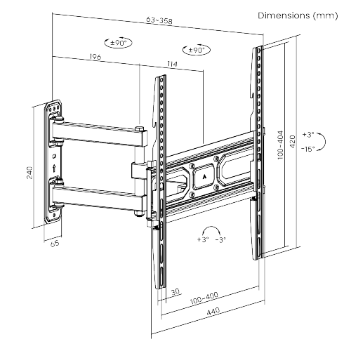 Крепление подвес настенный кронштейн для телевизора LCD/TV Full motion Wall Mount Brateck LPA78-443, Max VESA 400x400, Screen 32"-65" Load 35 Kg, Profile 63-358mm, Tilt +3&deg;~-15&deg;, Swivel +90&deg;~-90&deg;, Level +3&deg;~-3&deg; 33404 DOXYTERRA.md фото