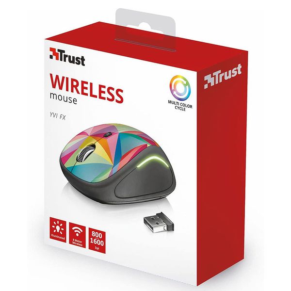 Мышь Trust Yvi FX Wireless Mouse - Geometrics, LED illumination in continuously changing colours, 8m 2.4GHz, Micro receiver, 800-1600 dpi, 4 button, Rubber sides for comfort and grip, USB, TR-22337-03 30287 фото