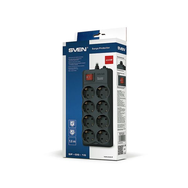 Фильтр импульсных помех SVEN SF-08-16, 8 Sockets, 3.0m (Priza cu protectie - prelungitor/basic surge protection) 29592 фото