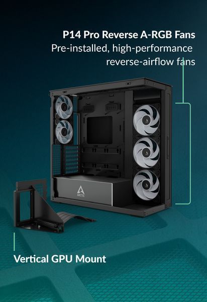 Carcasa Case E-ATX Arctic Xtender VG Black (Tinted Glass & Vertical GPU Mounting) no PSU, 2xUSB 3.2 Gen1, USB 3.2 Gen2 Type C, Audio-out&Mic, 2xP12 Pro A-RGB Rear, 3x P14 Pro Reverse A-RGB Side (ACPCC00016A) 33519 DOXYTERRA.md foto