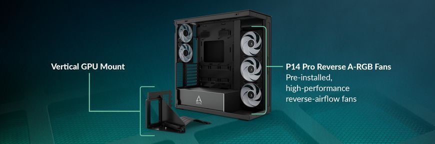 Carcasa Case E-ATX Arctic Xtender VG Black (Tinted Glass & Vertical GPU Mounting) no PSU, 2xUSB 3.2 Gen1, USB 3.2 Gen2 Type C, Audio-out&Mic, 2xP12 Pro A-RGB Rear, 3x P14 Pro Reverse A-RGB Side (ACPCC00016A) 33519 DOXYTERRA.md foto
