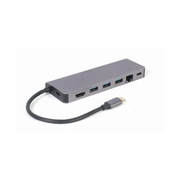 Gembird A-CM-COMBO5-05, USB Type-C 5-in-1 multi-port adapter (Hub + HDMI + PD + card reader + LAN), 3-port USB 3.1 Gen 1 (5 Gbps) hub, 4K HDMI, Gigabit LAN port, SD card reader and 100 W USB Type-C Power Delivery port, durable premium style metal housin 31222 foto