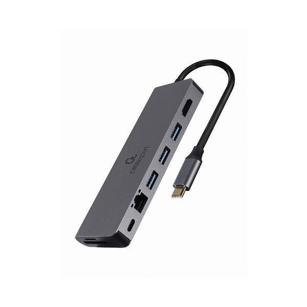 Gembird A-CM-COMBO5-05, USB Type-C 5-in-1 multi-port adapter (Hub + HDMI + PD + card reader + LAN), 3-port USB 3.1 Gen 1 (5 Gbps) hub, 4K HDMI, Gigabit LAN port, SD card reader and 100 W USB Type-C Power Delivery port, durable premium style metal housin 31222 DOXYTERRA.md foto