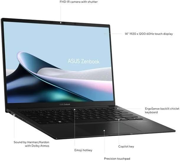 Laptop 14 ASUS ZenBook 14 OLED UM3406GA Black, AMD Ryzen AI 7 445 3.4-4.6Ghz/16GB LPDDR5X/SSD 1TB PCIE G4/AMD Radeon Graphics 840M/WiFi 6E 802.11ax/BT5.3/HDMI/FHD camera IR/Illum. Keyb./14 OLED 400nits WUXGA 16:10 (1920x1200)/No OS UM3406GA-QD134 33337 DOXYTERRA.md foto