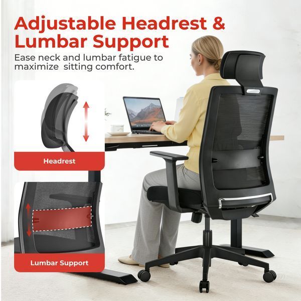 Scaun de birou ergonomic LumiVida Ergonomic Office Chair LV-CH05-37, Black, Adjustable Headrest, Lumbar Support, Breathable Mesh Back, Fixed Armrest, Pneumatic Seat-Height Adjustment, 340mm Nylon Base, 60mm PU Caster,100mm Class 3 Gas Lift, Weight Capacit 33418 DOXYTERRA.md foto