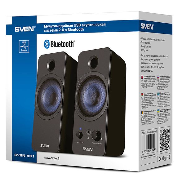 Active Speakers SVEN 431 Black (USB), 2.0 / 2x3W RMS, Bluetooth, USB or 5V DC power supply, headphone jack, 3" 31831 фото